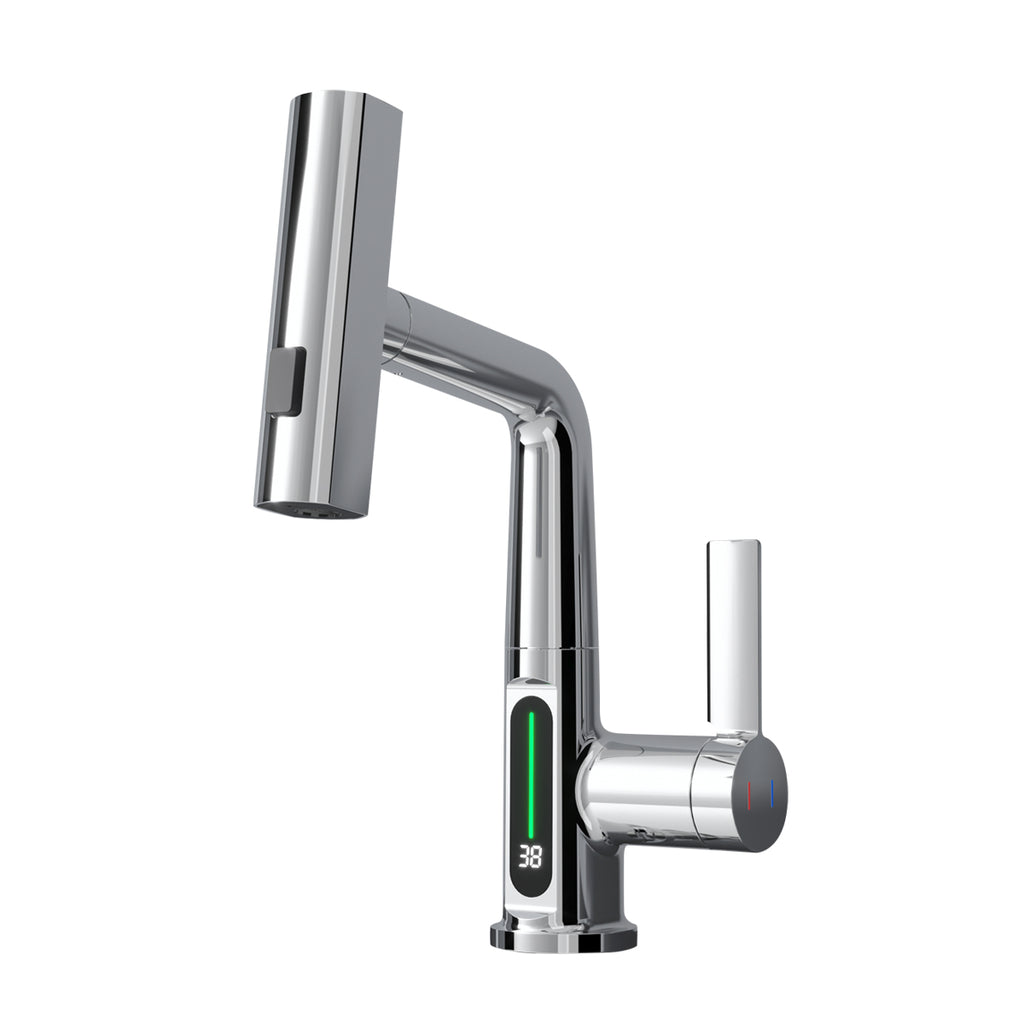 Basin Faucet with Waterfall Pull Out Sprayer and LED Temperature Display