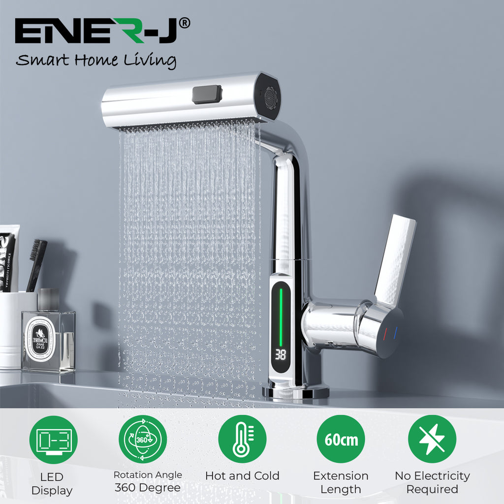 Basin Faucet with Waterfall Pull Out Sprayer and LED Temperature Display