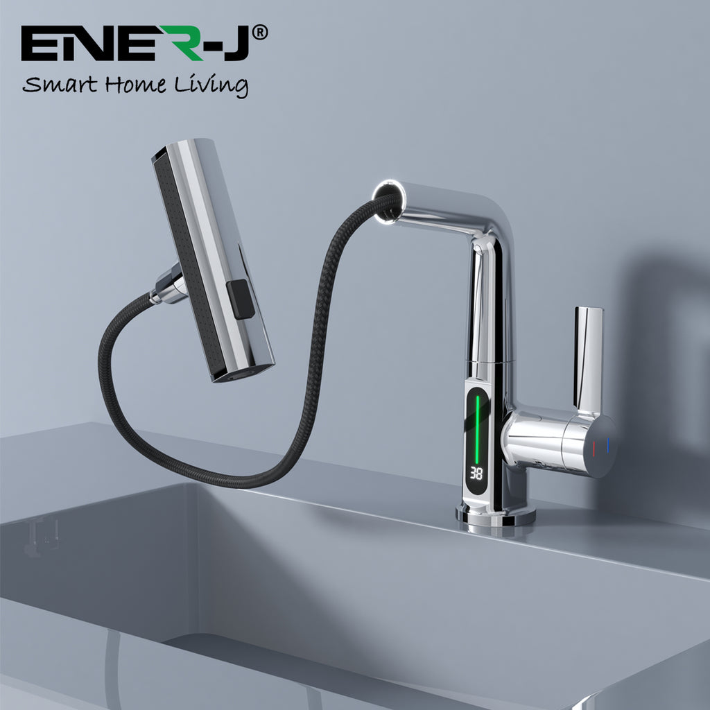 Basin Faucet with Waterfall Pull Out Sprayer and LED Temperature Display