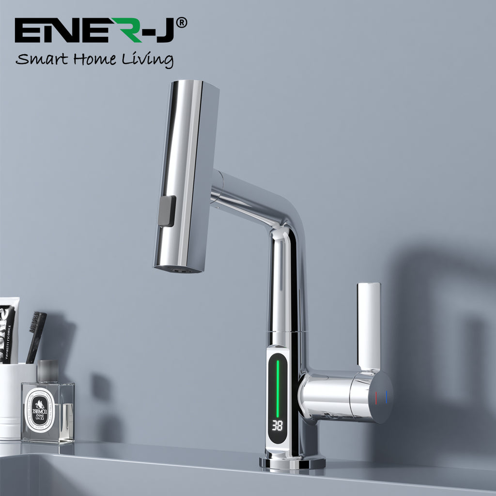 Basin Faucet with Waterfall Pull Out Sprayer and LED Temperature Display