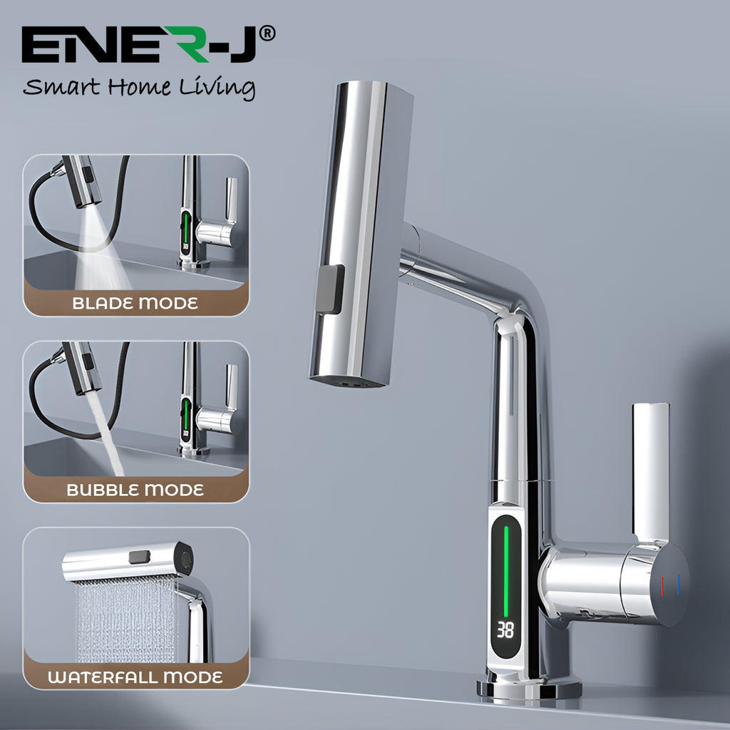 Basin Faucet with Waterfall Pull Out Sprayer and LED Temperature Display