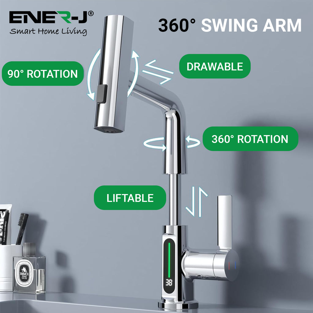 Basin Faucet with Waterfall Pull Out Sprayer and LED Temperature Display