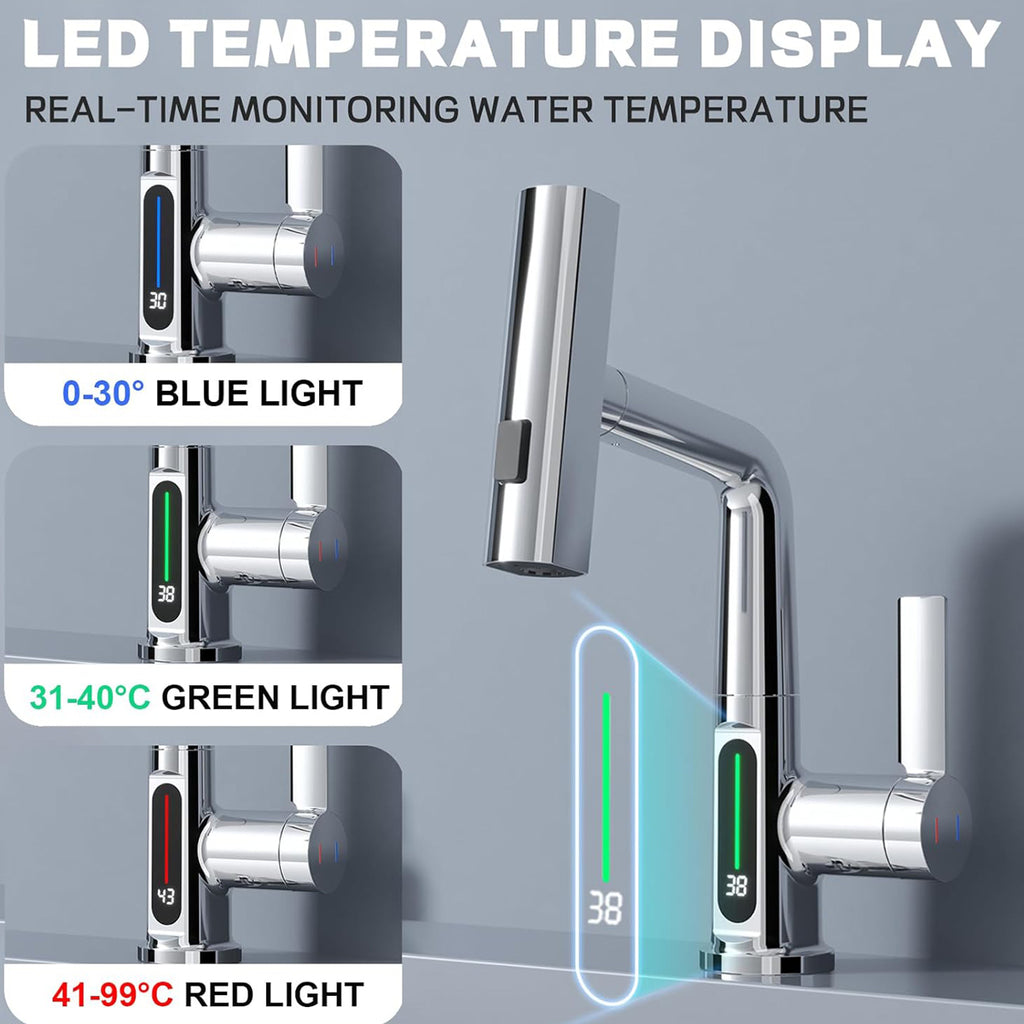 Basin Faucet with Waterfall Pull Out Sprayer and LED Temperature Display
