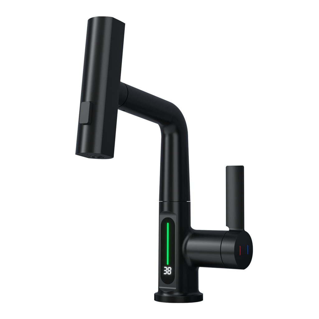 Basin Faucet with Waterfall Pull Out Sprayer and LED Temperature Display
