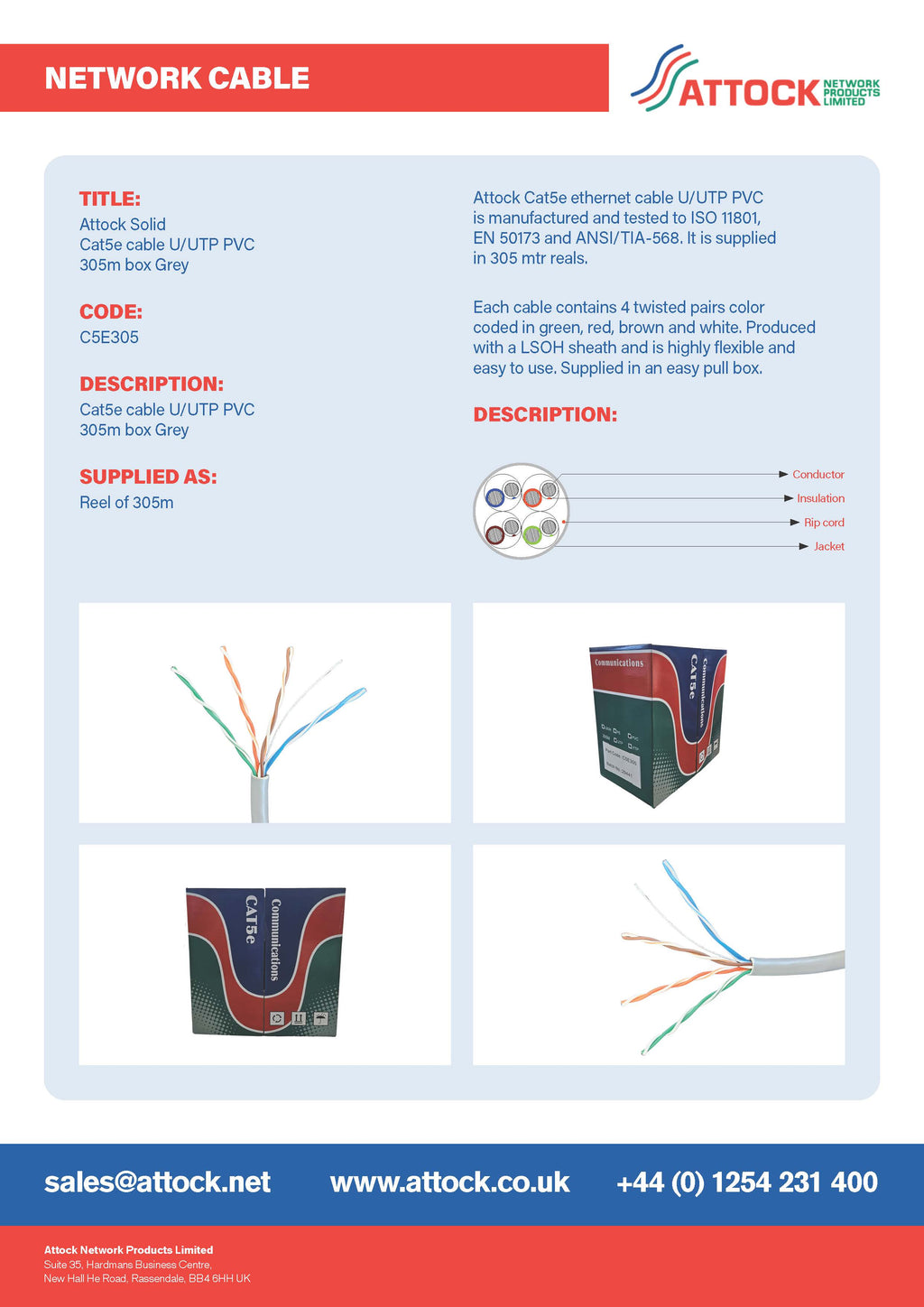 CAT 5e UTP Solid Cable PVC 305m BOX
