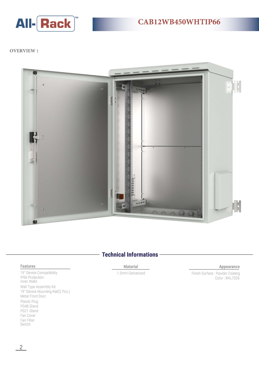 All-Rack IP66 Wall Mount Data Cabinet 12U 600mm Wide X 450mm Deep