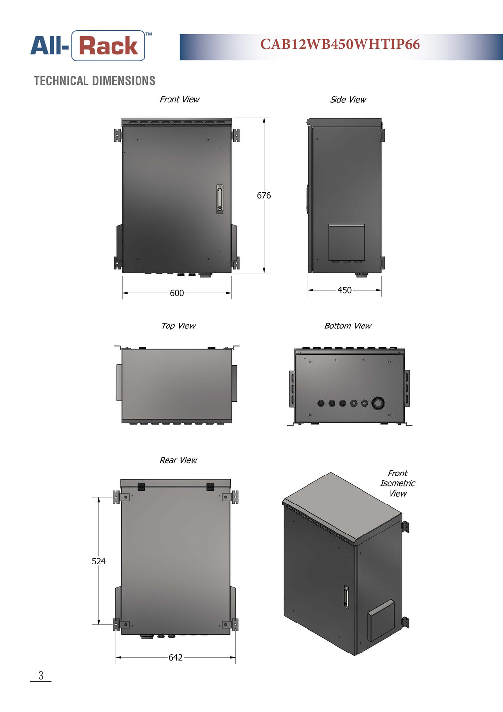 All-Rack IP66 Wall Mount Data Cabinet 12U 600mm Wide X 450mm Deep