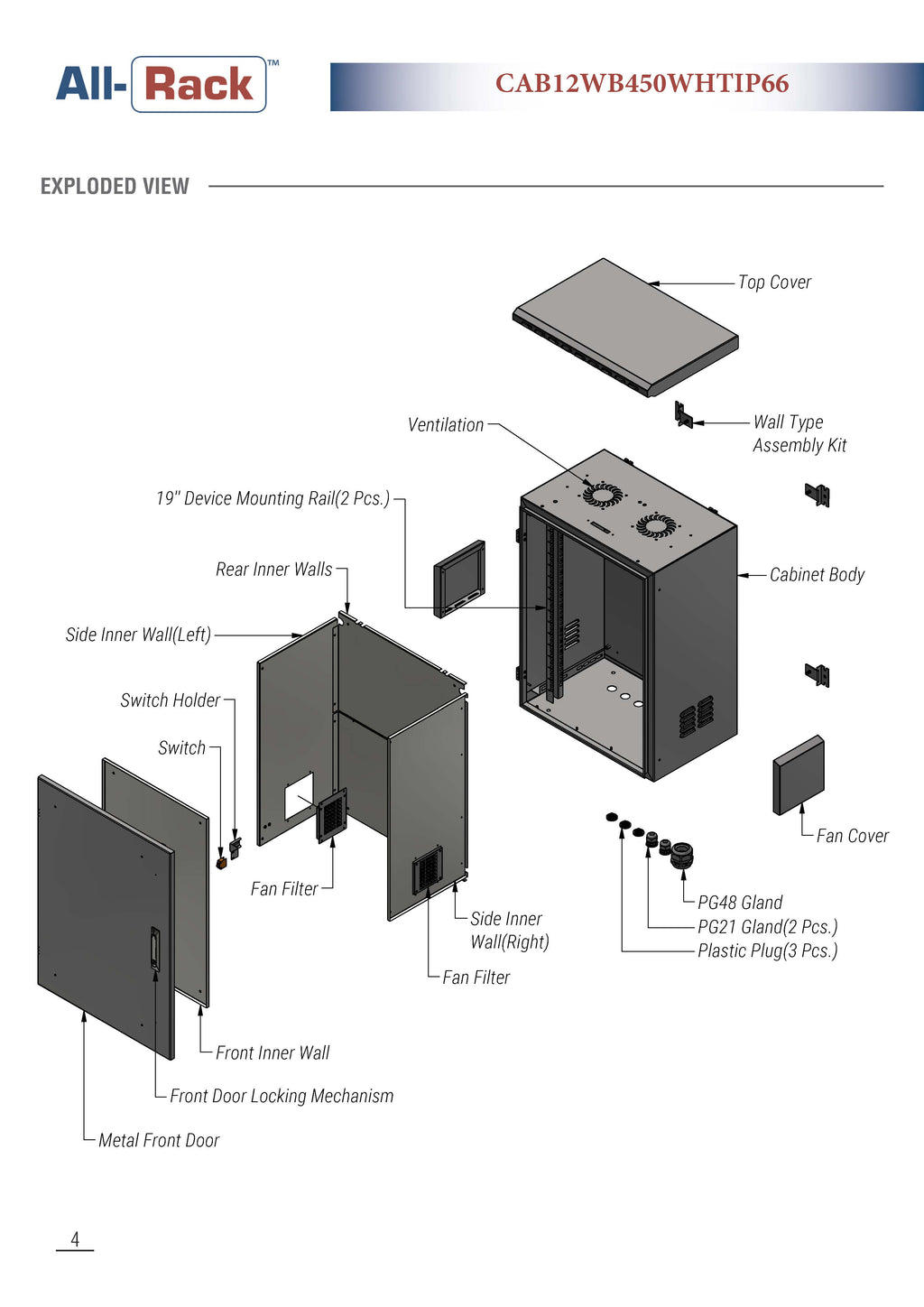 All-Rack IP66 Wall Mount Data Cabinet 12U 600mm Wide X 450mm Deep