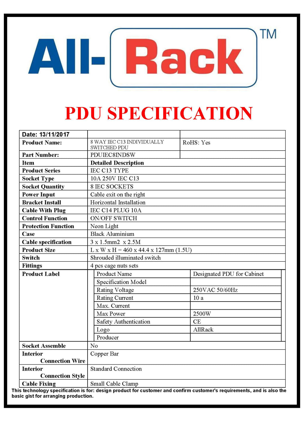 All-Rack Horizontal IEC 8 Way PDU Individually Switched