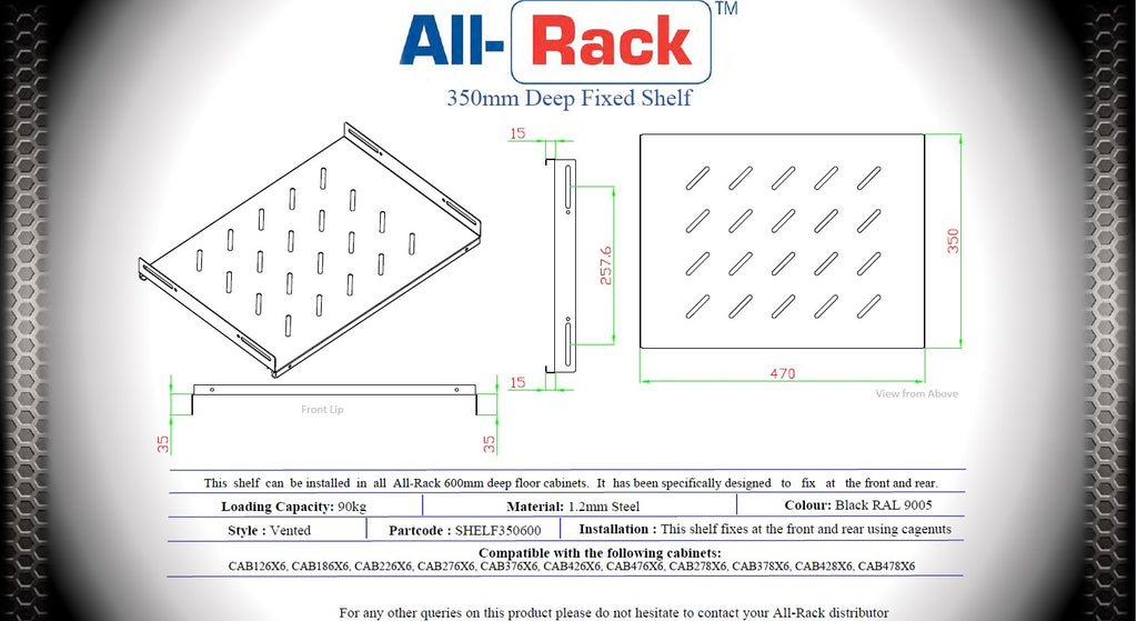 All‑Rack Fixed Shelf for 600mm, 800mm and 1000mm deep Floor Data Cabinets – Heavy‑Duty 90kg Load