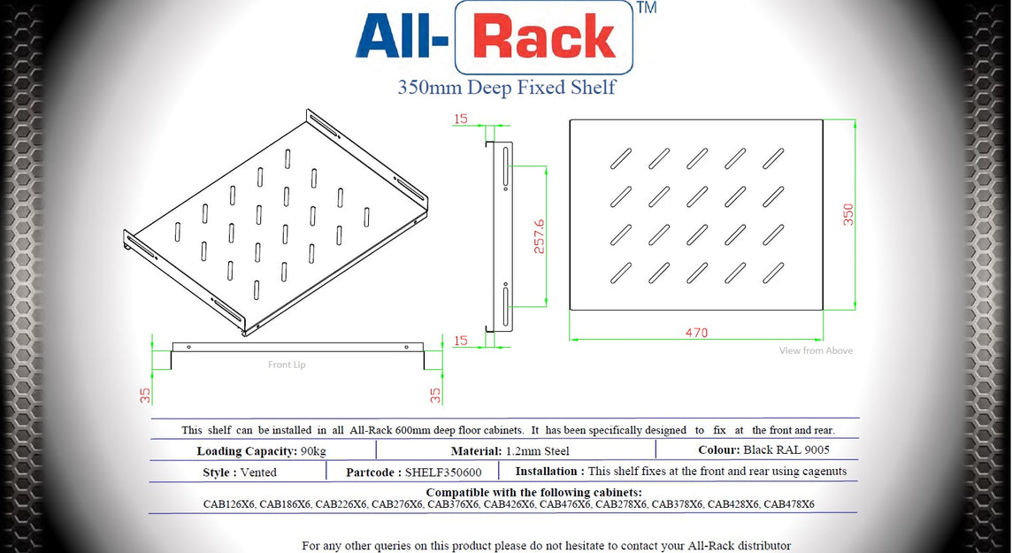 All‑Rack Fixed Shelf for 600mm, 800mm and 1000mm deep Floor Data Cabinets – Heavy‑Duty 90kg Load