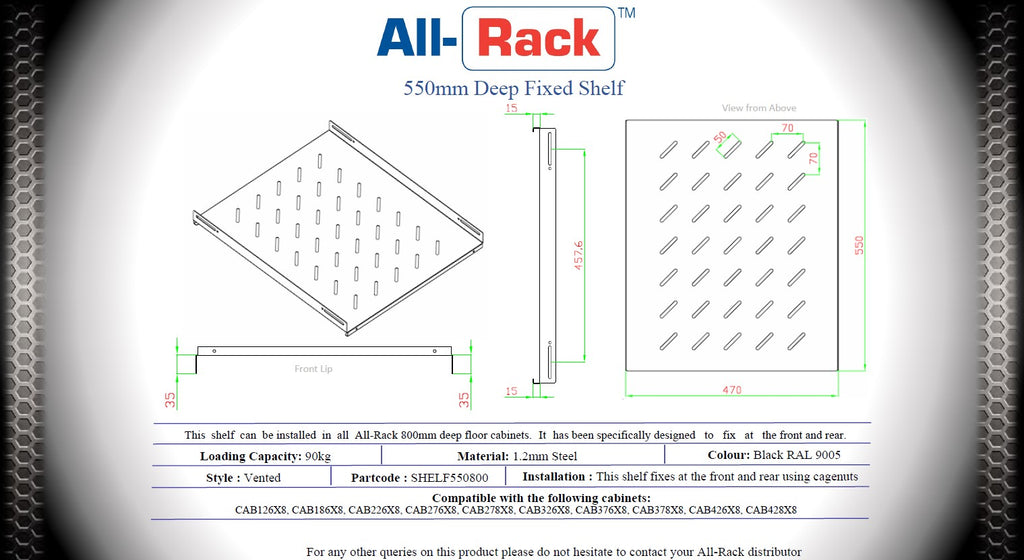 All‑Rack Fixed Shelf for 600mm, 800mm and 1000mm deep Floor Data Cabinets – Heavy‑Duty 90kg Load