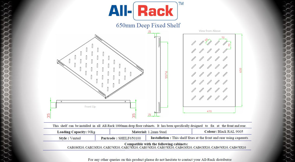 All‑Rack Fixed Shelf for 600mm, 800mm and 1000mm deep Floor Data Cabinets – Heavy‑Duty 90kg Load