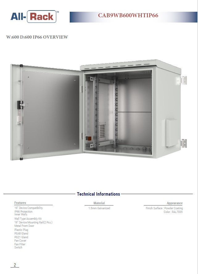 All-Rack IP66 Wall Mount Data Cabinet 9U 600mm Wide X 600mm Deep (Copy)