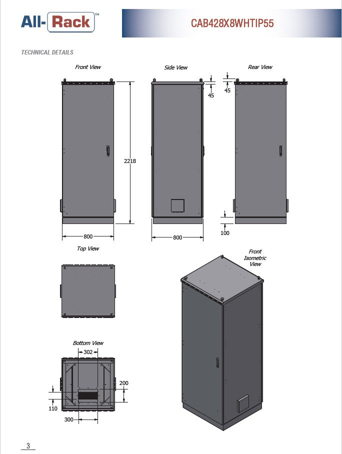 All-Rack IP55 Floor standing Data Cabinet 42U 800mm Wide X 800mm Deep