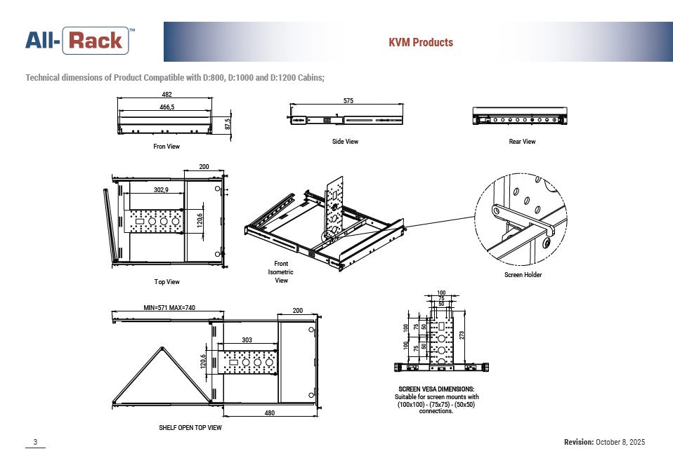 ALL‑RACK KVM Shelf for 800–1000mm Deep Floor Rack – KVM800‑1000
