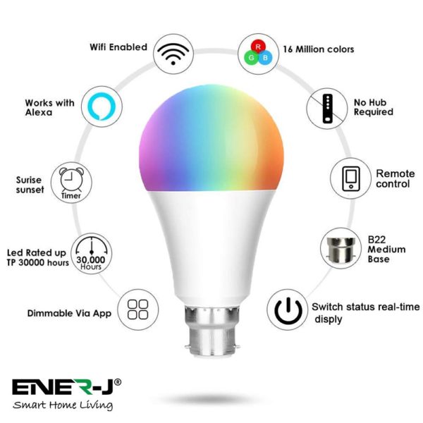 Smart WiFi GLS LED Lamp B22, 9W, RGB+W+WW, Dimmable – PACK OF 3