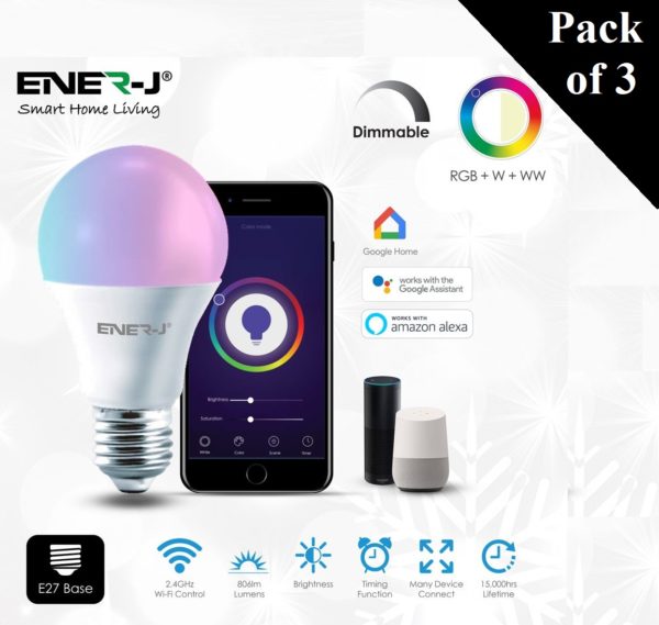 9W Smart WiFi A60 Bulb, 806 Lumens, RGB+W+WW, E27 Holder – Pack of 3